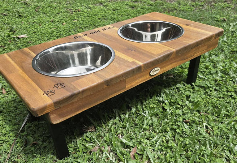 Oztima elevated double dog bowls with personalisation.
