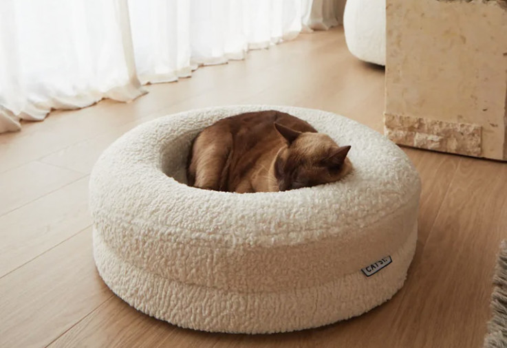 Cat sleeping in a round boucle cat bed.