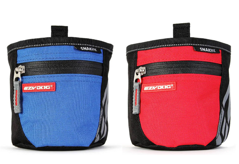 EzyDog SnakPak dog treat bags in red and blue.