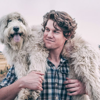 A man carrying his white scruffy dog on his shoulders at a farm.