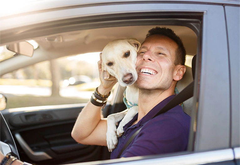 Man hugging his dog in a car.