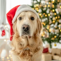 Golden retriever in a Christmas hat.
