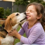 Beagle licking happy girl.