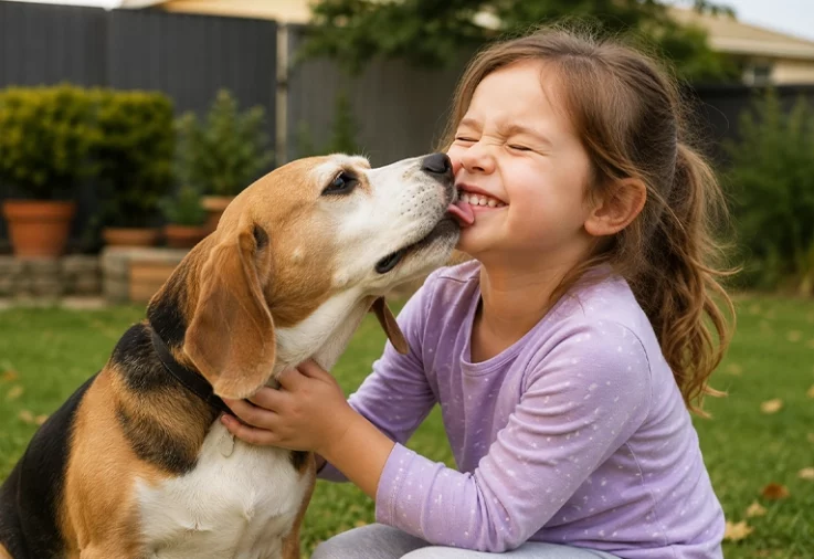 Beagle licking happy girl.