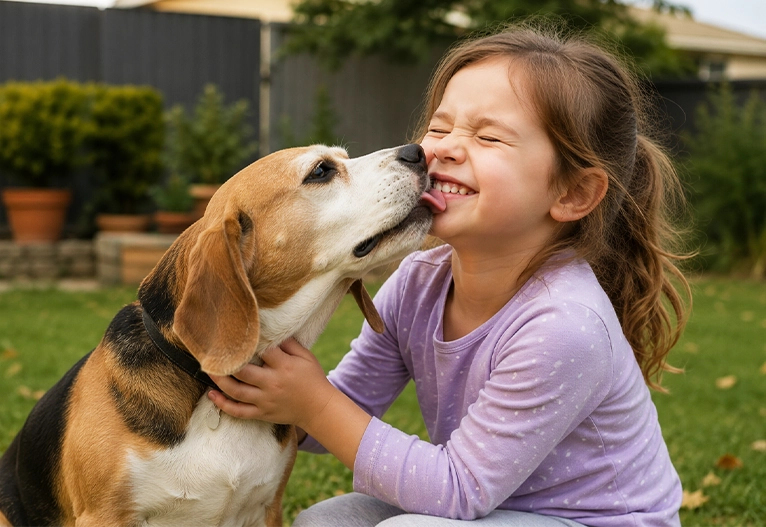 Beagle licking happy girl.